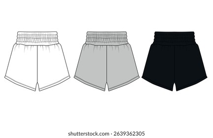 Set of vector designs of sport shorts on elastic band in gray, black, white colors. Template of basic short shorts. Shorts for home, vacation, sleep, beach, walking in summer.
