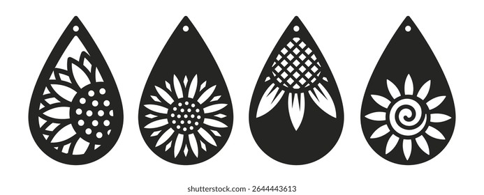 Conjunto de projetos vetoriais com girassol para brincos de lágrima, pingente ou chaveiro. Modelo de corte de silhueta de joias florais. Corte a laser com metal, madeira ou couro. Estêncil botânico
