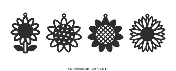 Set of vector designs with sunflowers for earrings, pendant or keychain. Jewelry silhouette laser cut template. Cnc cutting with metal, wood or leather. Beautiful hanging bijouterie