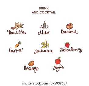 Set of vector dessert and drink logos. Caramel, vanilla, dessert, milk, fruit labels, badges and design elements. Vector fresh bar logo.