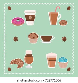 Set of vector desserts and coffee