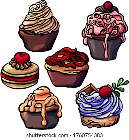 Set of vector desserts with cupcakes, cartoon style, for children, desserts, berries, cream, muffins, cakes, cards, stickers, sweets, pastries, cooking, pastry shop, delicious, joy, celebration, cakes