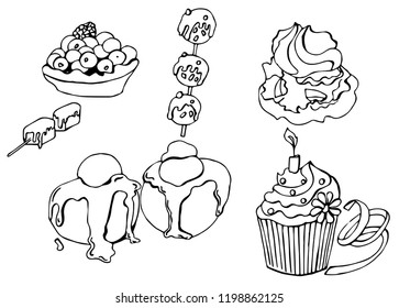 Set of vector desserts for design. Scetch style and modern technique. Very cute and tasty