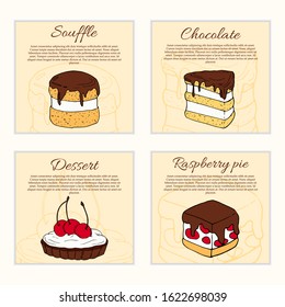 Set of vector desserts flyer templates. Cakes cartoon illustrations for design and web