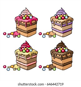 Set of vector desserts isolated on white background.  Cupcakes with cream and sweets. Delicious hand drawn illustration