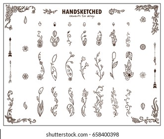 Set of vector detailed arts, elements for frames, dividers. Hand drawn wild flowers, grass, herbs, weeds, branches, leaves, reeds, arrows and wave ornate corners. Herbal signs and symbols