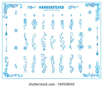 Set of vector detailed arts, elements for frames, dividers. Hand drawn wild flowers, grass, herbs, weeds, branches, leaves, reeds, arrows and wave ornate corners. Lovely blue watercolor design