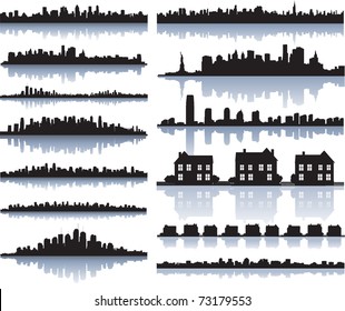set of vector detailed cities silhouette