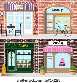 Set Of Vector Detailed Design Bakery, Cafe, Bookshop And Pastry Shop. Building Facade Of Brick. Vector Illustration Eps 10.