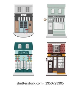 Set of vector detailed design building facade in flat style. Cafe, Barber shop, Bakery,Farmacy. Isolated vector illustration.