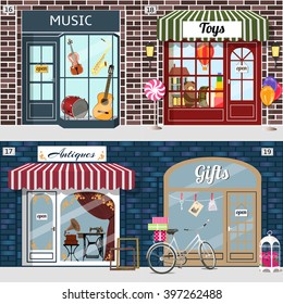 Set of vector detailed design music, toys, antiques and gifts shop. Building facade of brick. Vector illustration eps 10.