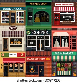 Set of vector detailed flat design cafe, restaurants and shops facade icons. 