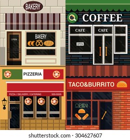 Set of vector detailed flat design cafe, restaurants facade icons. 