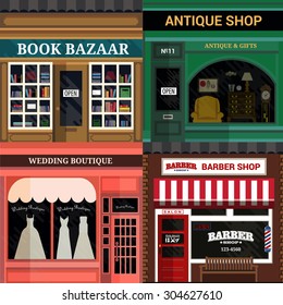 Set of vector detailed flat design shops facade icons. 