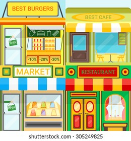 Set of vector detailed flat design restaurants facade icons. Burgers, Cafe, Market and restaurant fronts. For restaurant business and graphic design.