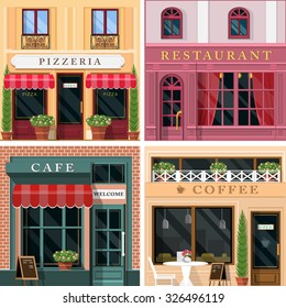 Set of vector detailed flat design restaurants and cafes facade icons.
Cool graphic exterior for restaurant business.