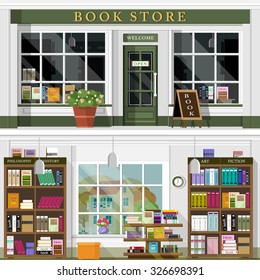 Set of vector detailed flat design bookstore facade. Cool graphic interior design for shop with books, shelves, places for reading. Flat style vector illustration.