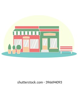 Set of vector detailed flat design restaurants and shops facade icons. Flat style vector illustration. Cafe Building with bench Facade icons. Ideal for business web publications and graphic design. 