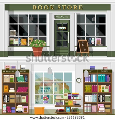 Set of vector detailed flat design bookstore facade. Cool graphic interior design for shop with books, shelves, places for reading. Flat style vector illustration.