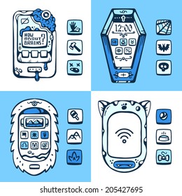 Set of vector detailed monster phones of the future with the mechanical parts and the buttons on a white and blue background. Theme: yeti, cat, coffin, brain