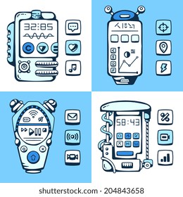 Set of vector detailed robot constructor phones of the future with mechanical parts, buttons, and different icons on a white and blue background
