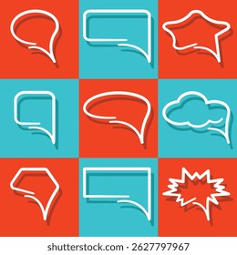 A set of vector dialog white bubbles for text, chat, message windows on a background of red and blue squares.