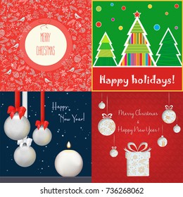 Set of vector different colored cards with decorations dedicated to Christmas and New Year.
