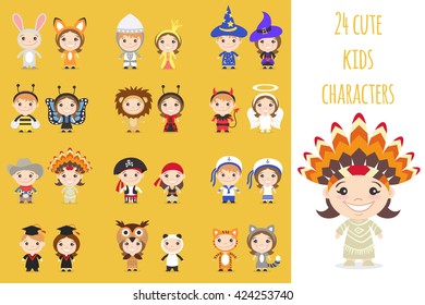 Set of vector different colorful cartoon kids characters in different costumes.
