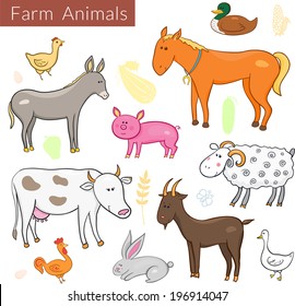 Set of vector different colorful farm animals in cartoon style