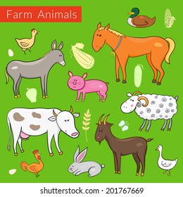 Set of vector different colorful farm animals in cartoon style on green background