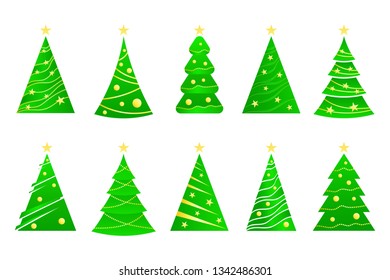 Set of vector different colorful icons of christmas tree with gold stars, balls and garland isolated on the white background.