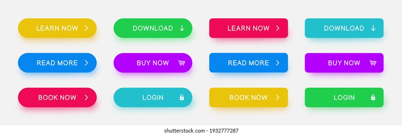 Set of vector different colors web buttons. Flat minimalist buttons with color shadows for website, apps, ui, games.