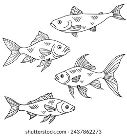 Set of vector different fish. Cute sea fishes. Doodle line art, decorative, stylized illustrations. Ocean or lake animal symbols and emblems. Outline. Hand drawing. Coloring book.