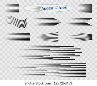Set of vector different options of simple horizontal lines of speed, movement, black color. Manga cartoon design elements on isolated transparent background.