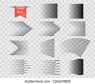 Set of vector different options of simple horizontal lines of speed, movement, black color, pattern. Design elements manga cartoon isolated on a transparent background.