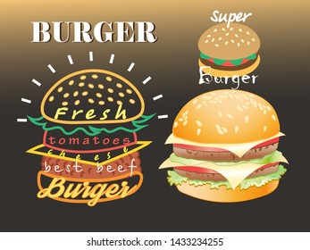 Set of vector different super burgers on a dark Phoneso lettering. An example for a menu, poster or billboard design.