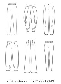Set of vector different women trousers isolated on white background