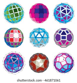 Set of vector dimensional wireframe low poly objects, spherical facet shapes with grid. Technology 3d mesh elements collection can be used as design forms in engineering.