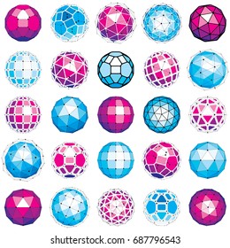 Set of vector dimensional wireframe low poly objects, spherical facet shapes with grid. Technology 3d mesh elements collection can be used as design forms in engineering.