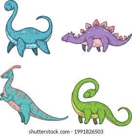 Set of vector dinos handmade inkline graphics.
