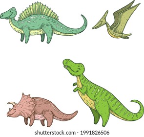 Set of vector dinos handmade inkline graphics.