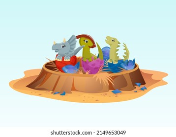 A set of vector dinosaur cubs in a Tyrannosaurus, Diplodocus, Triceratops nest. Vector illustration in cartoon style for children