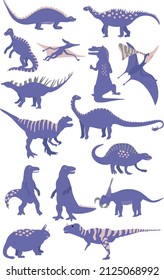 Set of vector dinosaur illustration in colorful trendy colors. Pink, violet, very peri. Great for kids nursery products, fabric and textile. 15 cute dinos for kids projects