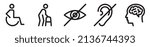 Set of vector disabled signs.Handicapped man sitting in a wheelchair, person with walker, blind,deaf, mental disease icons.Mandatory pictograms for public places,web and app design