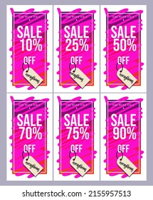 Set von Vektorbildern 10 %, 25 %, 50 % 70 %, 75 %, 90 % Farbverlauf-violetter und orangefarbener Hintergrund
