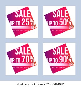 Set of vector discount banners up to 25%, 50% 70%, 90% gradient purple and orange background