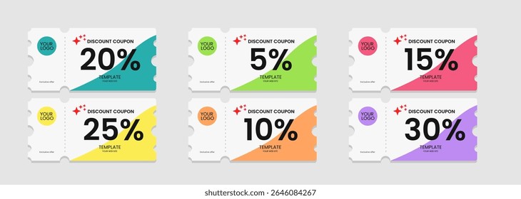 Set of vector discount coupon templates with bold black percentage numbers and colorful backgrounds. Minimal clean layout with editable text and placeholder for logo. Discounts from 5% to 30%