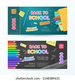 Set of vector discount vouchers with 3D realistic paper shopping bag, Back to School Supplies (pencils, ruler, sticky note, notebooks) on chalkboard background. For gift card, coupon and certificate.