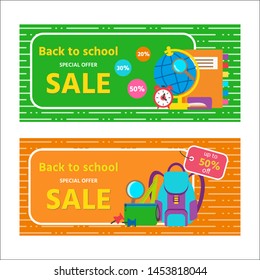 Set of vector discount vouchers with School Supplies. Back to school concept. Vector  illustration can use for gift card, coupon and certificate, posters or banners, flyers and shopping.