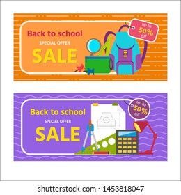 Set of vector discount vouchers with School Supplies. Back to school concept. Vector  illustration can use for gift card, coupon and certificate, posters or banners, flyers and shopping.